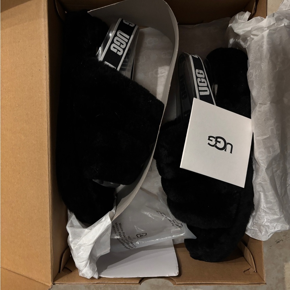 UGG Black Fluffy Slippers